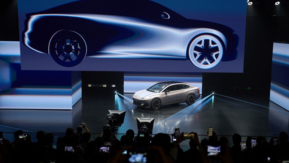A concept car is shown during the Volkswagen Group media night ahead of the Auto Show in Shanghai, Tuesday, April 22, 2025.