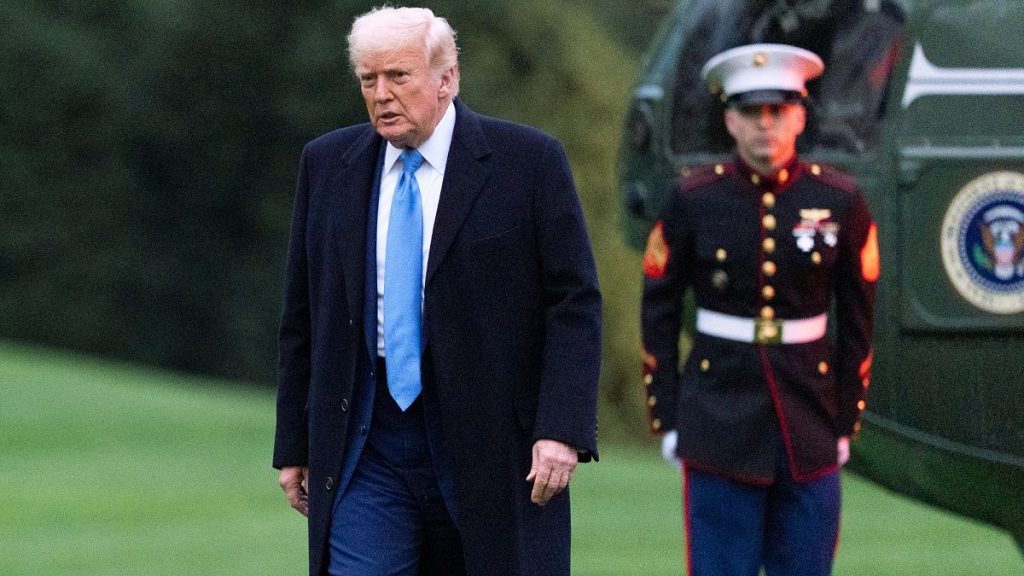 President Donald Trump walks on the South Lawn as he arrives at the White House on Marine One, Sunday, April 6, 2025, in Washington.