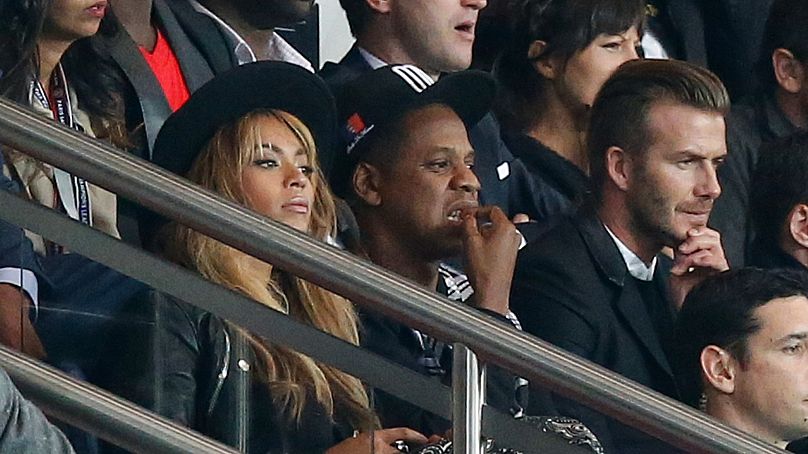 Beyoncé et son mari Jay-Z ont rejoint David Beckham dans la capitale française pour un match de la Ligue des champions entre Paris Saint Germain et Barcelone en 2014.