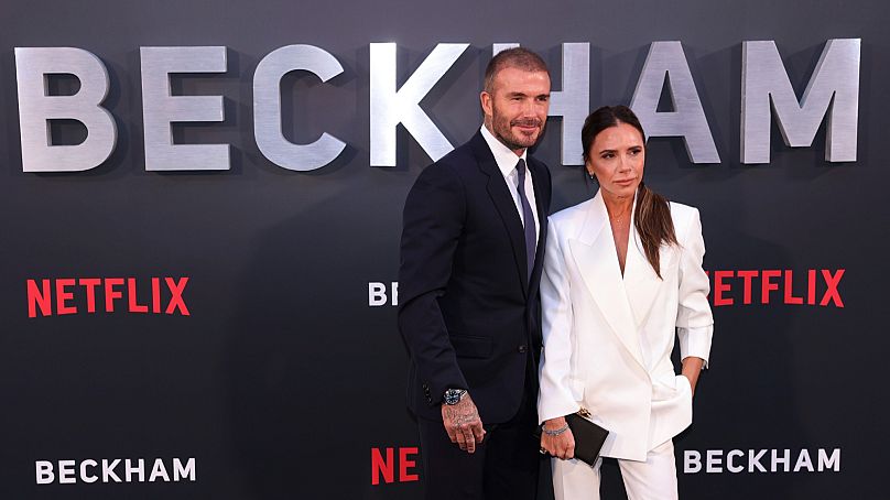 David et Victoria Beckham arrivent à la première de la série Netflix «Beckham» à Londres, 2023.