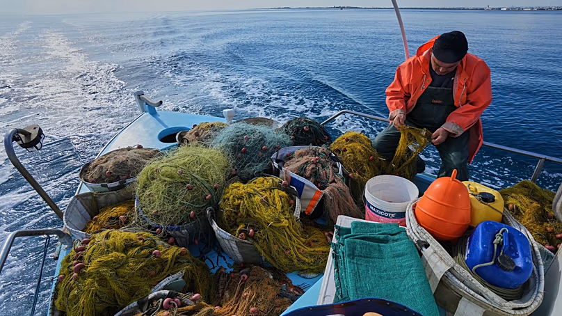 Le pêcheur Photis Gaitanos ramasse des poissons dans des filets au large de Larnaca, à Chypre, dans l'est de la Méditerranée, tôt le samedi 20 décembre 2025.