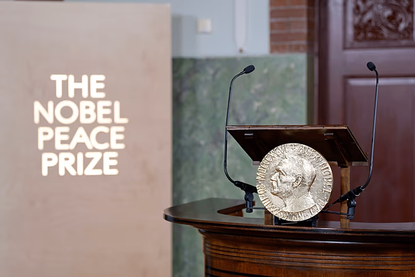 Une vue de la tribune où le Comité Nobel annonce le lauréat du prix Nobel de la paix à Oslo, le 10 octobre 2025