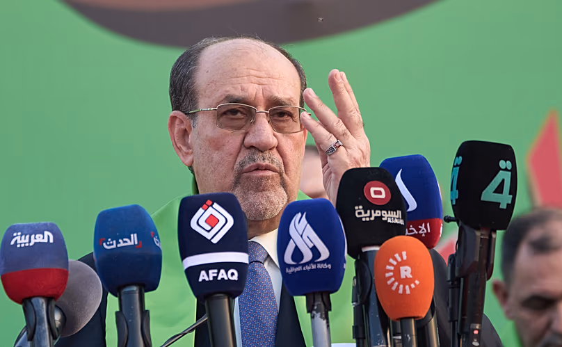 L'ancien Premier ministre irakien Nouri al-Maliki s'exprime lors de son rassemblement de campagne politique avant les élections législatives à Bagdad, le 7 novembre 2025.