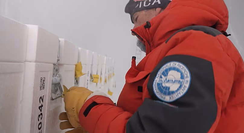 Stockage des carottes de glace dans la grotte antarctique créée par les chercheurs.
