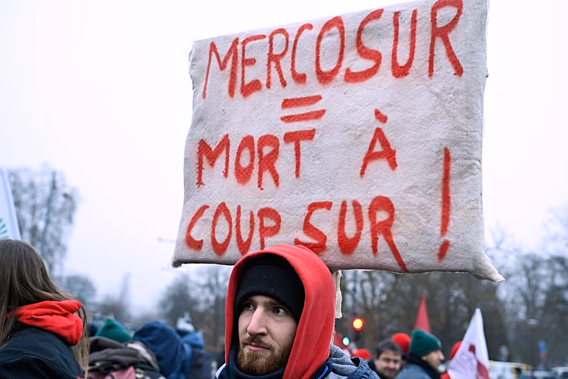 Manifestation contre l'accord commercial UE-Mercusor devant le Parlement européen à Strasbourg