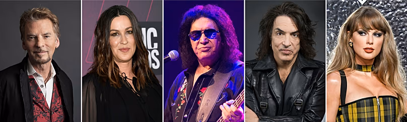 Temple de la renommée : auteurs-compositeurs, de gauche à droite, Kenny Loggins, Alanis Morissette, Gene Simmons, Paul Stanley et Taylor Swift
