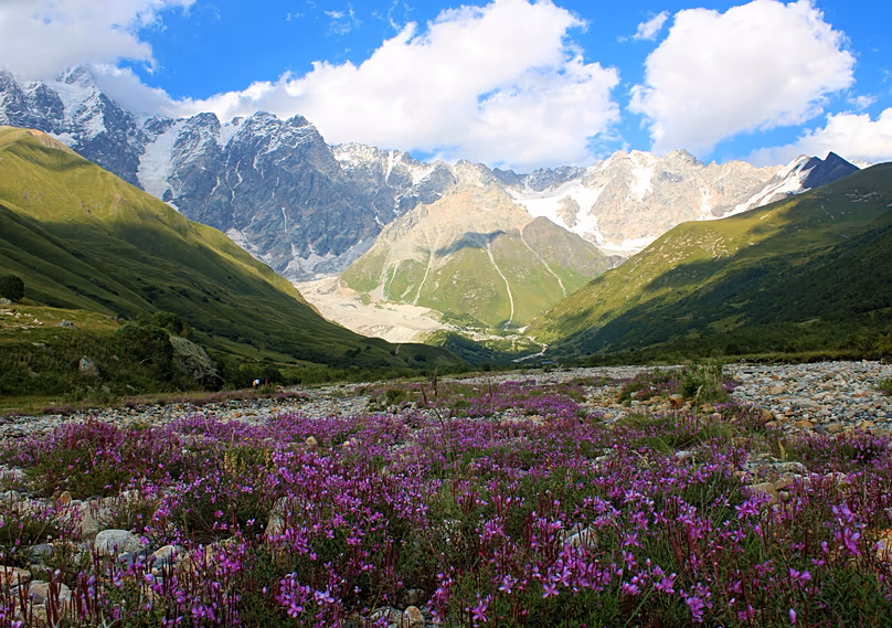 Les montagnes du Caucase vues depuis une prairie d'Ushguli