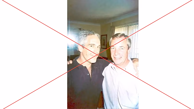 Image IA de Jeffrey Epstein, à gauche et Nigel Farage, à droite.