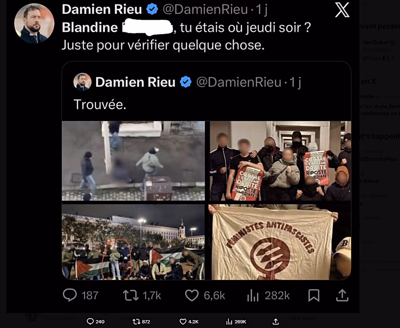 Le post X désormais supprimé de Damien Rieu, militant d'extrême droite