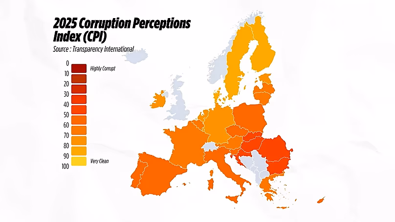 Indice de perception de la corruption 2025 dans l’UE, Transparency International.