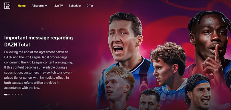 Une capture d'écran de la page d'accueil de DAZN Belgique