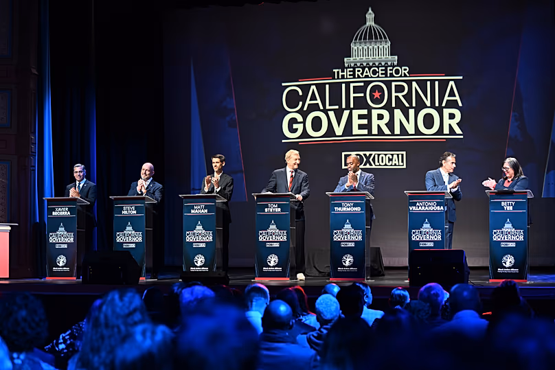 Débat télévisé entre les candidats au poste de gouverneur de Californie à San Franscisco, le 3 février 2026 (AP Photo/Laure Andrillon)