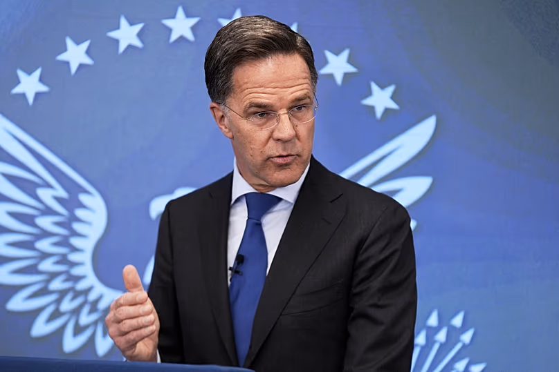 Le secrétaire général de l'OTAN, Mark Rutte, s'exprime à l'Institut Ronald Reagan à Washington, le 9 avril 2026.