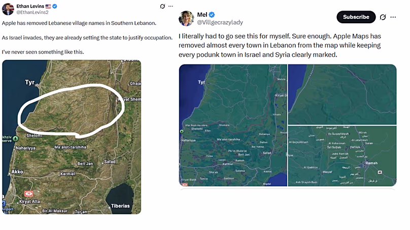 Les messages viraux affirmant qu'Apple a supprimé les villes du sud du Liban de ses cartes sont trompeurs.