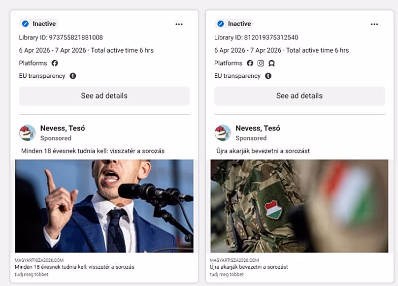 Les publicités sur Facebook font la promotion de fausses affirmations selon lesquelles le chef de l'opposition Péter Magyar ferait pression en faveur de la conscription obligatoire.