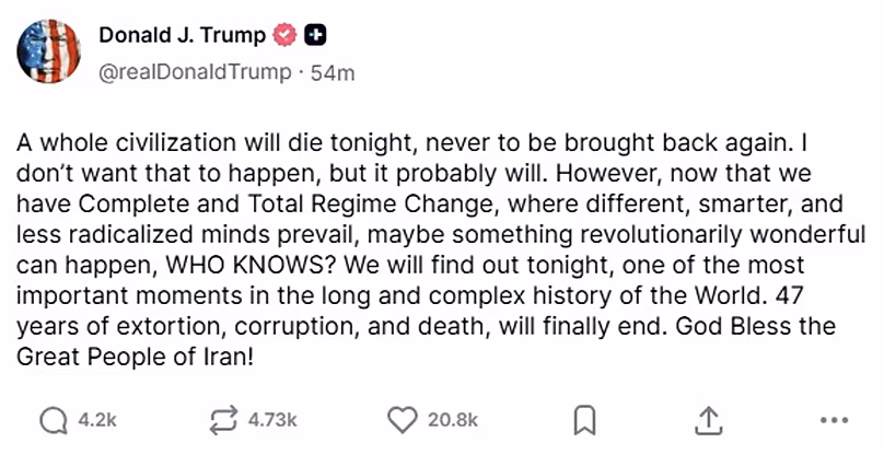 Capture d'écran d'un message publié sur le compte Truth Social du président américain Donald Trump, 7 avril 2026.