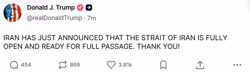 Capture d'écran d'un message publié sur le compte Truth Social du président américain Donald Trump, 17 avril 2026.