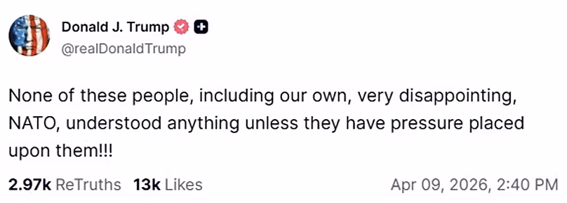 Capture d'écran d'un message publié sur le compte Truth Social du président américain Donald Trump, le 9 avril 2026.