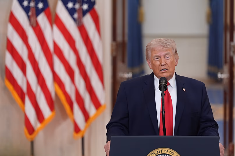 Le président américain Donald Trump parle de la guerre en Iran depuis le Cross Hall de la Maison Blanche, le 1er avril 2026.