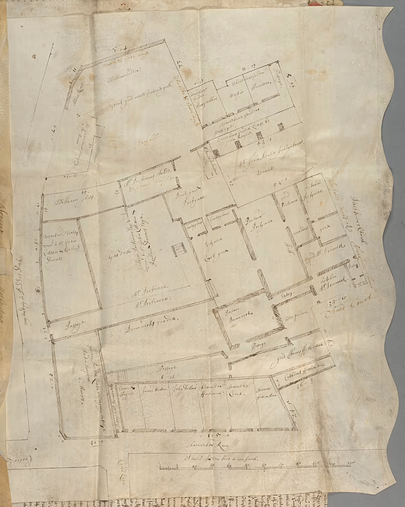 Une photo non datée prise à partir d'une image d'archive des Archives de Londres montre un plan du XVIIe siècle indiquant pour la première fois l'emplacement exact de la maison londonienne de Shakespeare.