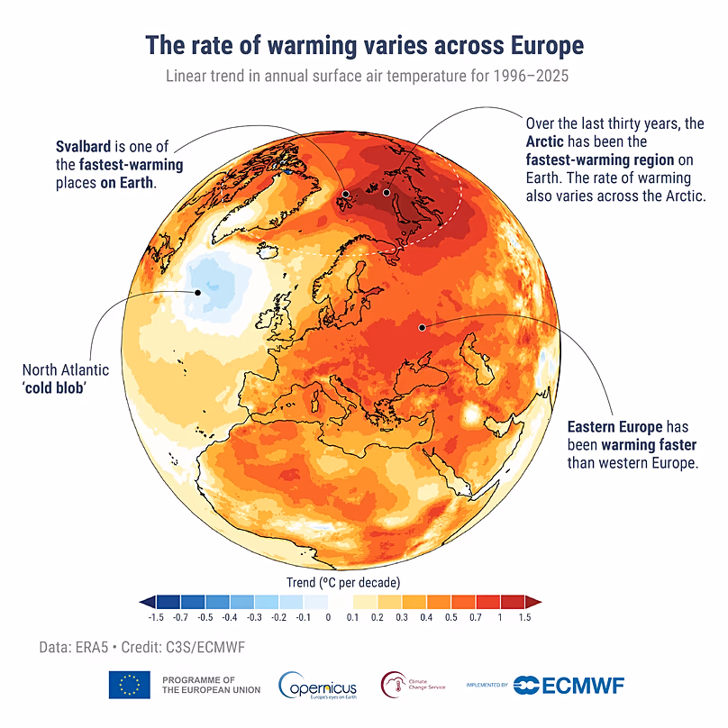 Graphique 1.2. Tendance de la température annuelle de l’air en surface (°C/décennie) pour 1996-2025. Données : ERA5.