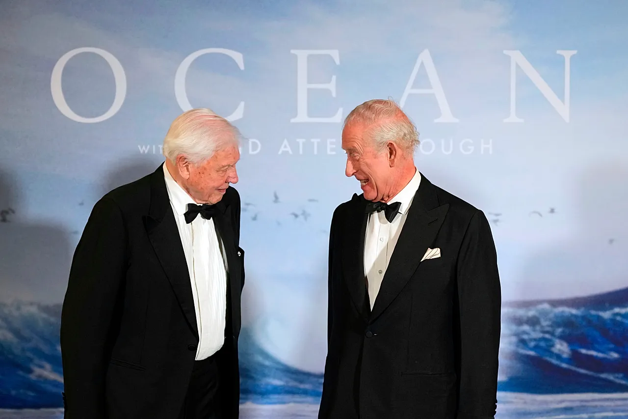 Le roi Charles III de Grande-Bretagne rencontre le radiodiffuseur et biologiste David Attenborough alors qu'il assiste à la première du film « Ocean with David Attenborough » à Londres, le 6 mai 2025.