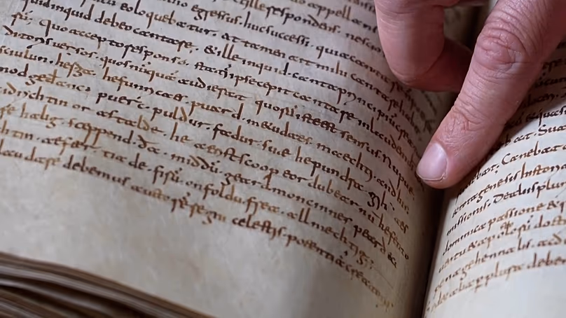 Gros plan de l'hymne de Caedmon en ancien anglais incorporé dans le texte principal en latin