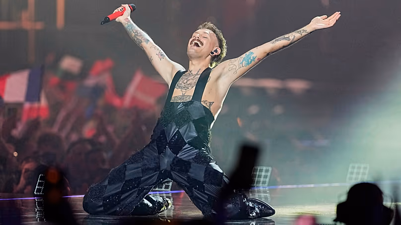 Le Norvégien Jonas Lovv participe à la Grande Finale de samedi après avoir interprété sa chanson "OUAIS OUAIS OUAIS" lors de la deuxième demi-finale du Concours Eurovision de la chanson à Vienne, Autriche, le 14 mai 2026.
