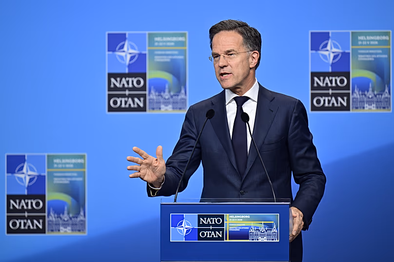 Le secrétaire général de l'OTAN, Mark Rutte, tient une conférence de presse de clôture à Helsingborg, le 22 mai 2026.