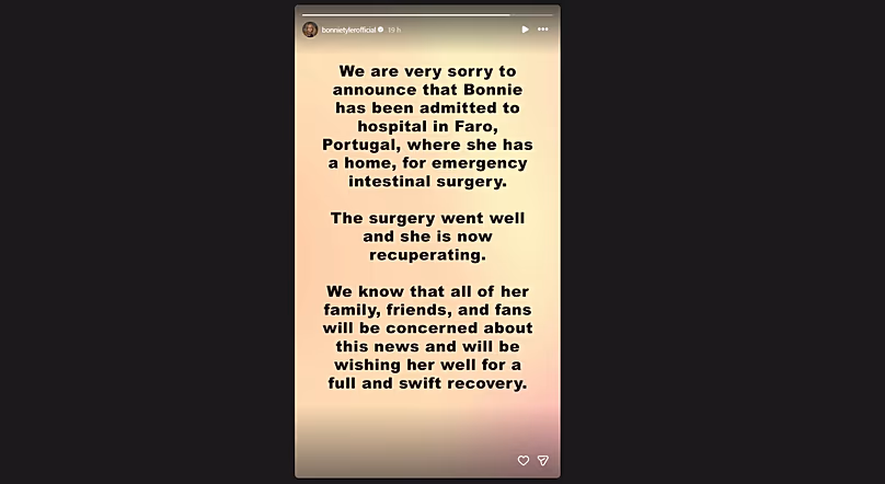 Message posté sur le compte Instagram de Bonnie Tyler