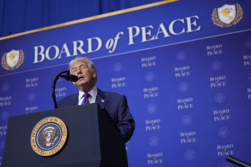 Le président américain Donald Trump s'exprime lors d'une réunion du Conseil de la paix à l'Institut américain pour la paix à Washington, le 19 février 2026.