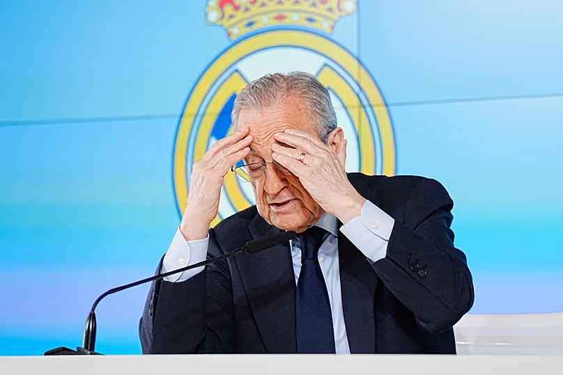 Le président du Real Madrid, Florentino Pérez, donne une conférence de presse à Madrid, le 12 mai 2026.