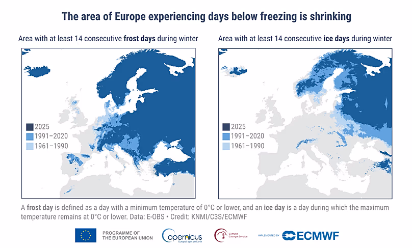 Zones qui ont connu au moins 14 « jours de gel » consécutifs (0 °C ou moins) en 2025 (bleu foncé) par rapport à la moyenne de 1991 à 2020 (bleu moyen) et à la moyenne de 1961 à 1990 (bleu clair).