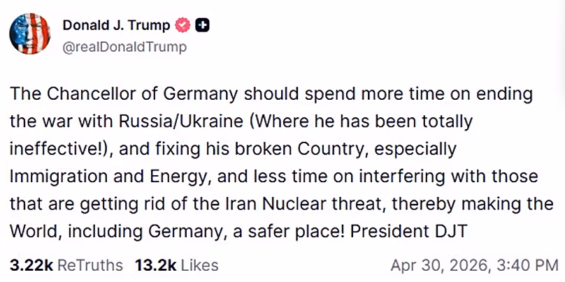Capture d'écran d'un message publié sur le compte Truth Social du président américain Donald Trump, 30 avril 2026.