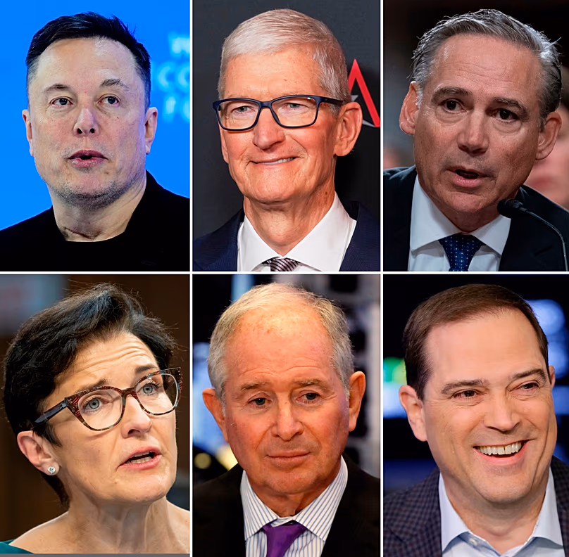 Combinaison de photos montrant Elon Musk, Tim Cook, Kelly Ortberg, Jane Fraser, Stephen Schwarzman et Chuck Robbins. Certains dirigeants d’entreprises rejoignent Trump lors de son voyage en Chine.