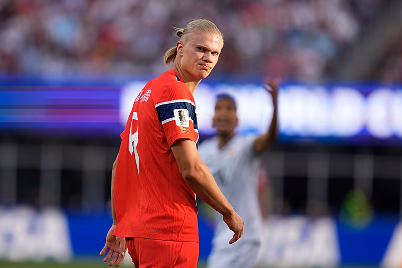 Le Norvégien Erling Haaland réagit lors du match de football du Groupe I de la Coupe du monde entre l'Irak et la Norvège à Foxborough, Massachusetts, près de Boston, le mardi 16 juin 2026.