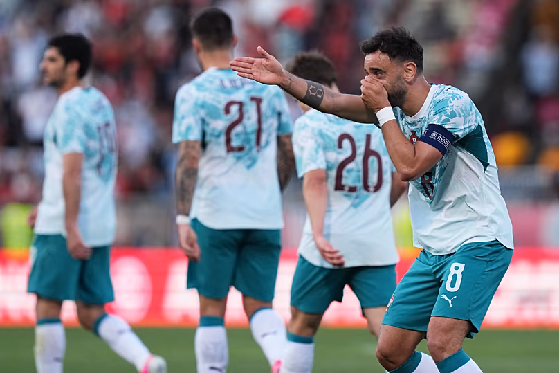 Bruno Fernandes célèbre après avoir marqué lors d'un match de préparation à la Coupe du monde contre le Chili, juin 2026