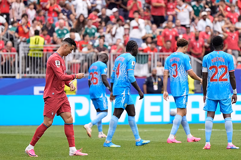 Le Portugais Cristiano Ronaldo réagit après avoir échoué à marquer lors du match de football du Groupe K de la Coupe du monde entre le Portugal et le Congo à Houston, le mercredi 17 juin 2026.