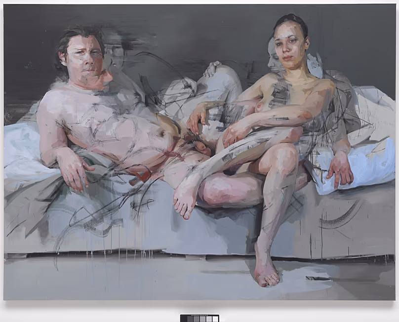 Jenny Saville, Intertwine, 2011 – 2014. Huile sur toile, 86 3/8 × 114 1/8 × 2 1/2 po. (219,5 × 290 × 6,5 cm).