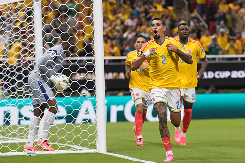 Colombia's Daniel Munoz celebrates after scoring the opening goal during the World Cup Group K match against DR Congo in Zapopan, Mexico, Tuesday, June 23, 2026