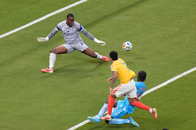 Colombia's Luis Diaz makes an attempt to score against DR Congo goalkeeper Lionel Mpasi during the World Cup Group K match in Zapopan, Mexico, Tuesday, June 23, 2026
