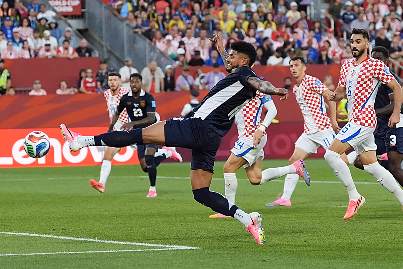 Panama's Andres Andrade tries reach the ball during the World Cup Group L match against Croatia in Toronto, Tuesday, June 23, 2026