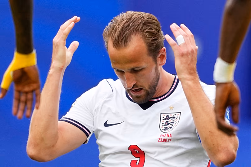 England's Harry Kane reacts after missing a shot on goal during the World Cup Group L match against Ghana in Foxborough, Massachussetts, near Boston, Tuesday, June 23, 2026