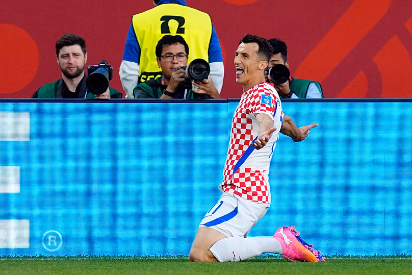 Croatia's Ante Budimir celebrates a goal against Panama during the second half of a World Cup Group L match, in Toronto, on Tuesday, June 23, 2026