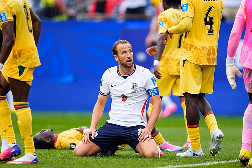 England's Harry Kane reacts after missing a shot on goal during the World Cup Group L match against Ghana in Foxborough, Massachussetts, near Boston, Tuesday, June 23, 2026