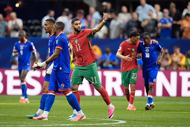 Morocco's Ismael Saibari reacts after scoring a goal during the World Cup Group C match against Haiti in Atlanta, Wednesday, June 24, 2026