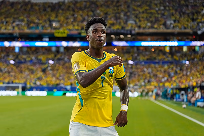 Brazil's Vinicius Jr celebrates after scoring his side's second goal during the World Cup Group C match against Scotland in Miami Gardens, Florida, Wednesday, June 24, 2026