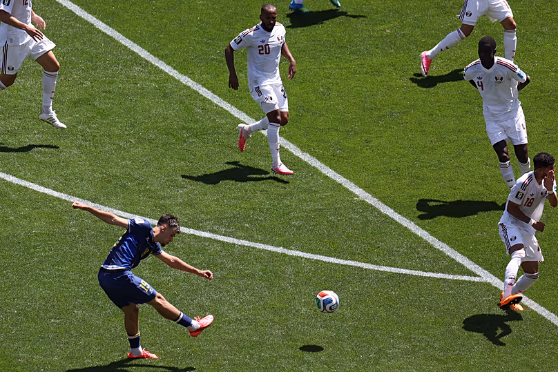 Bosnia's Kerim Alajbegovic scores during the World Cup Group B match against Qatar in Seattle, Wednesday, June 24, 2026