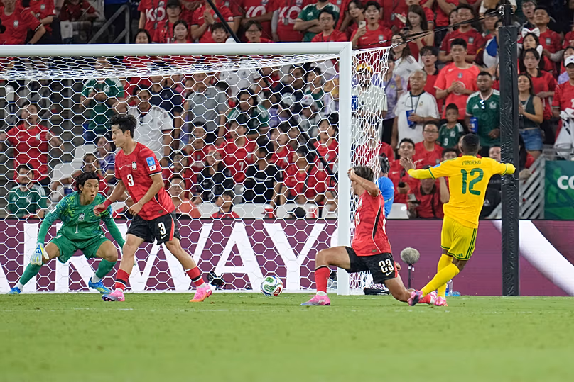 South Africa's Thapelo Maseko scores the opening goal during the World Cup Group A match against South Korea in Guadalupe, near Monterrey, Mexico, Wednesday, June 24, 2026
