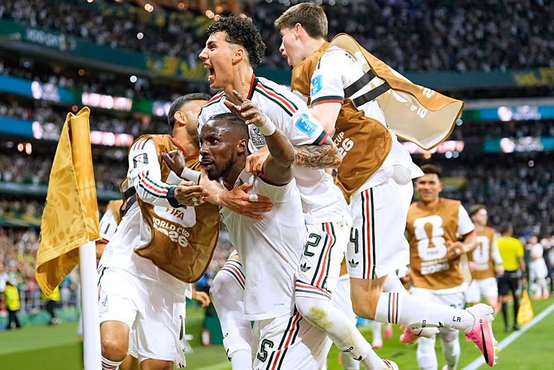 Mexico's Julian Quinones celebrates scoring his side's second goal against Czechia during a World Cup Group A match in Mexico City, Wednesday, June 24, 2026